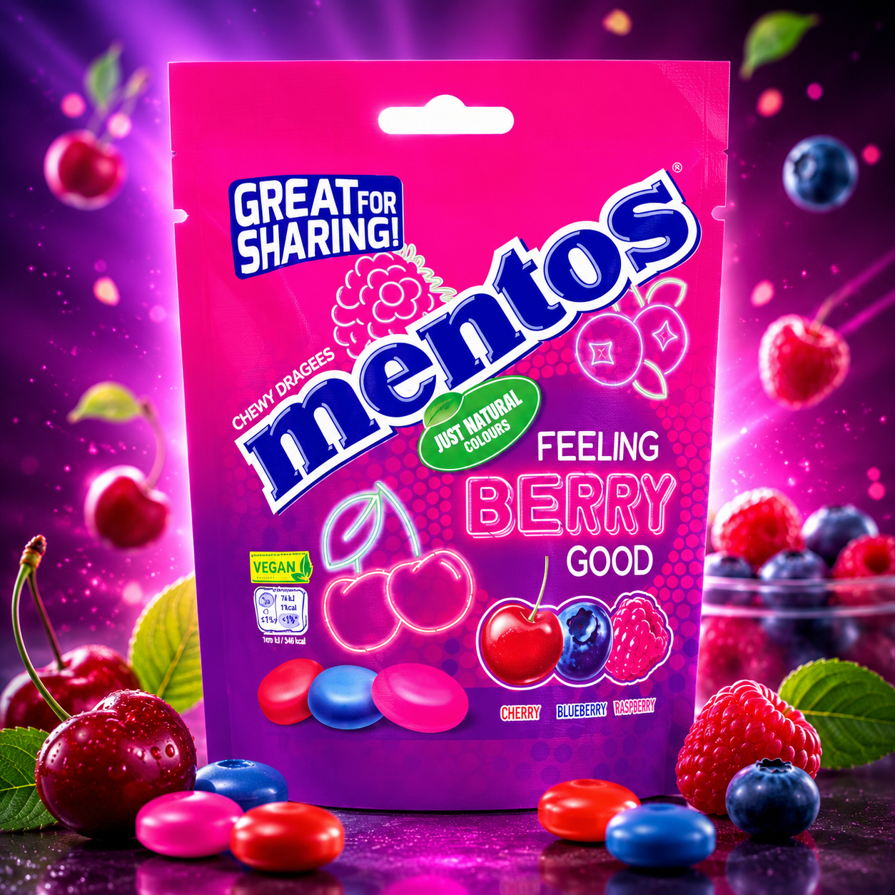 Mentos Feeling Berry Good 140 g – Málna-, Áfonya- és Cseresznyeízű Rágódrazsé