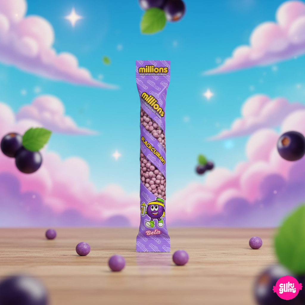 Millions Blackcurrant Tube – Feketeribizlis rágócukorka 55g