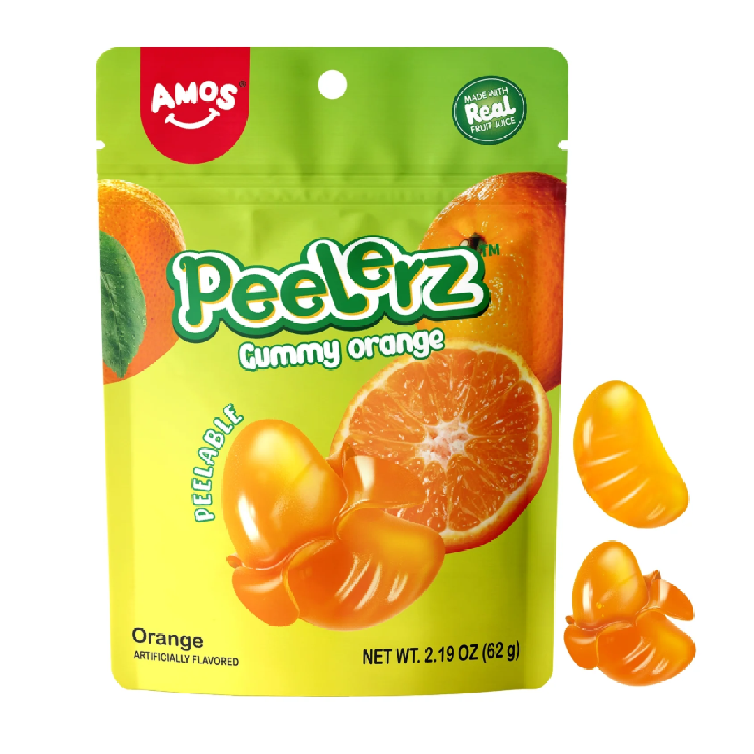 Amos Peelerz Orange – Narancs ízű hámozható gumicukor (120g)