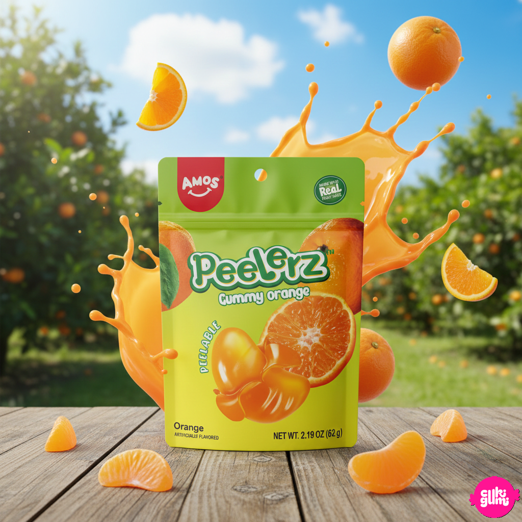 Amos Peelerz Orange – Narancs ízű hámozható gumicukor (120g)