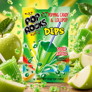 Pop Rocks Dips Sour Apple – Savanyú zöldalma ízű nyalóka pattogó cukorkával 18 g