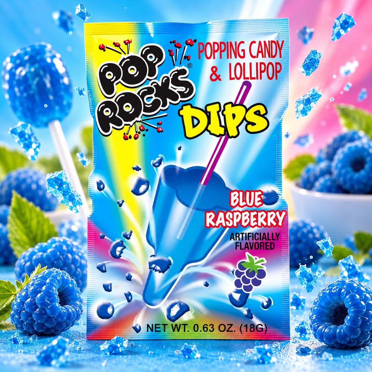 Pop Rocks Dips Blue Raspberry – Kék málna ízű nyalóka pattogó cukorkával 18 g