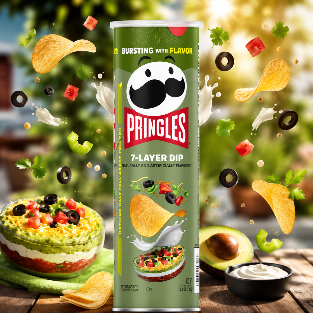 Pringles 7-Layer Dip 158g – Sajtos, Hagymás és Tejfölös Ízű Burgonyachips