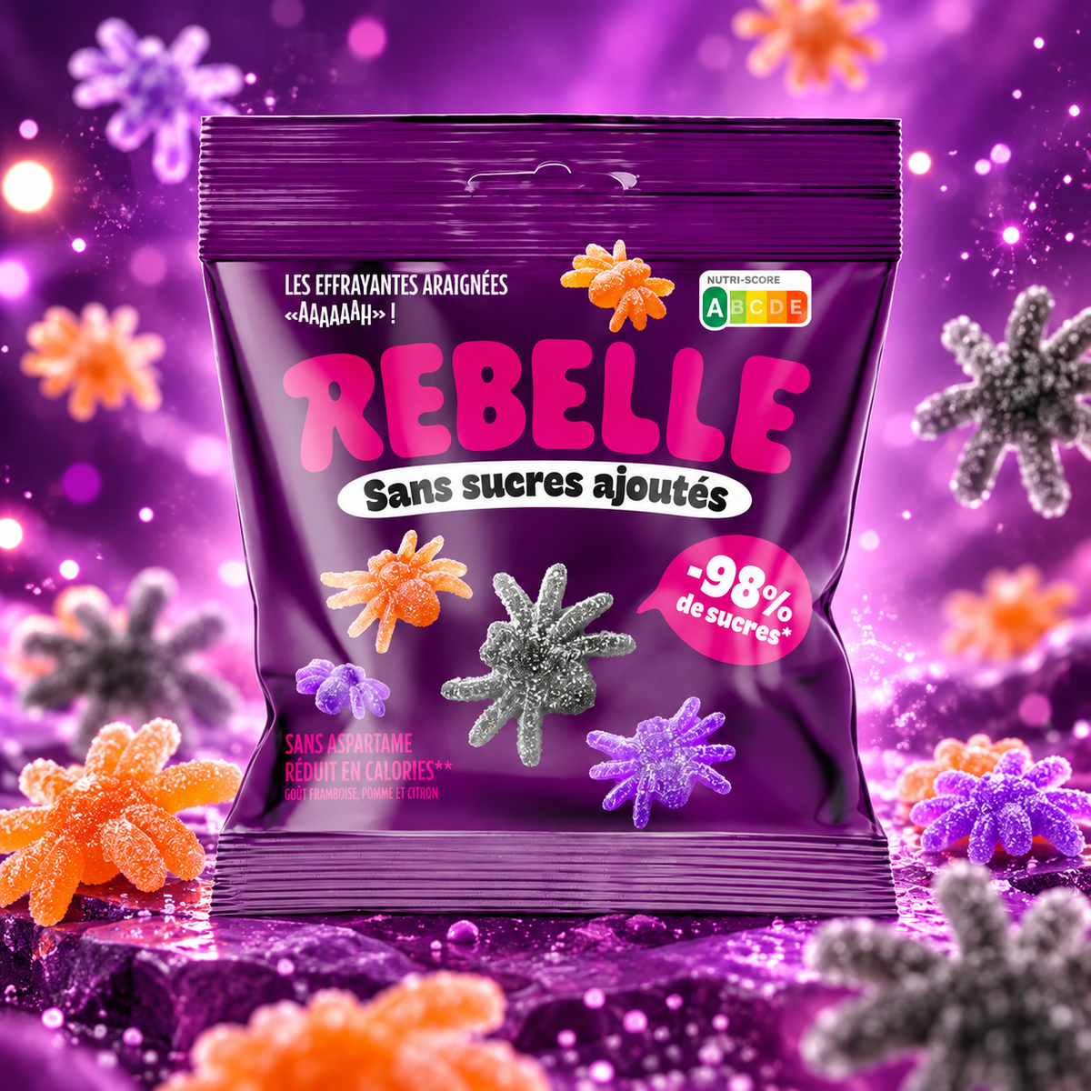 Rebelle Sour Spiders – Hozzáadott cukor nélküli savanyú pók gumicukor 50 g