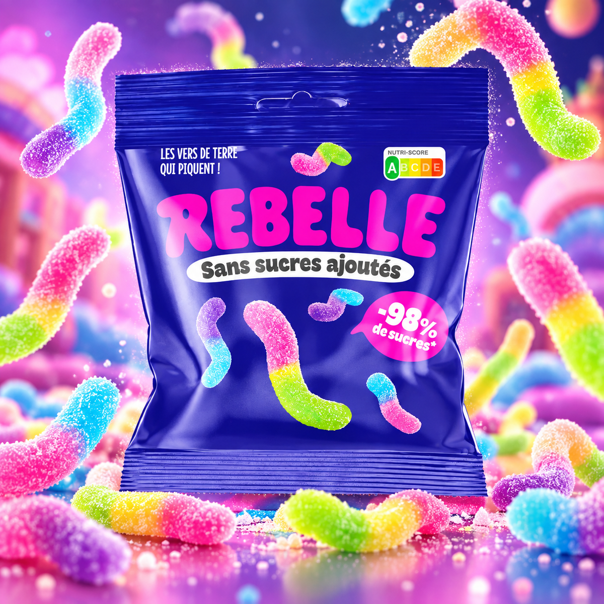 Rebelle Sour Worms – Hozzáadott cukor nélküli savanyú kétszínű gumicukor kukacok 50 g