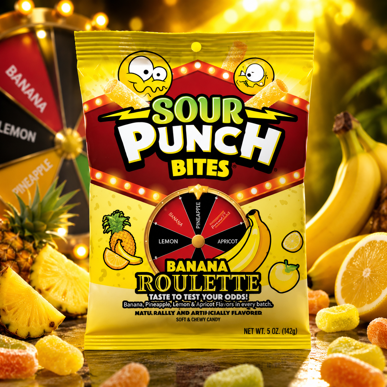 Sour Punch Bites savanyú banános gyümölcsízű rágós cukorka mix 142 g – Banana Roulette