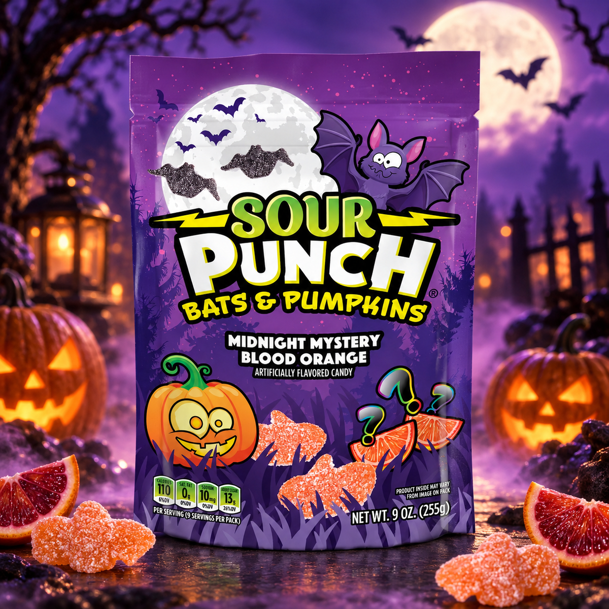 Sour Punch Bats & Pumpkins 255 g - Savanyú denevér- és tökformájú gyümölcsízű rágós cukorka 255 g
