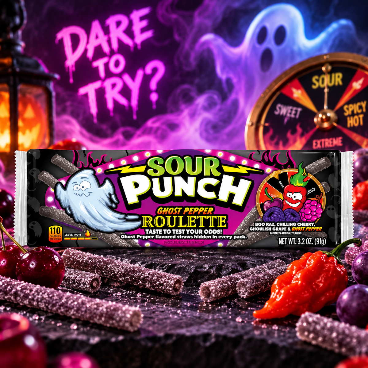 Sour Punch Ghost Pepper Roulette 91 g - Savanyú gyümölcs- és csípős chili ízű cukorkaszálak 91 g