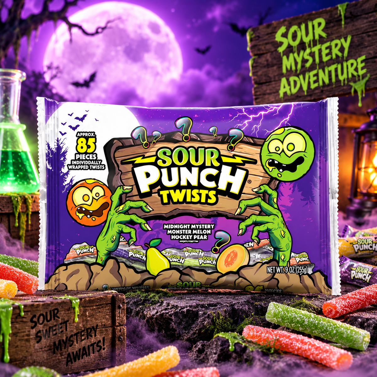 Sour Punch Twists 85 Pack 510 g - 85 db-os Halloween savanyú gyümölcsízű csavart cukorkaszál válogatás 510 g