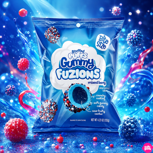Stuffed Puffs Gummy Fuzions Mixed Berry 123 g – Erdei Gyümölcsös Töltött Savanyú Gumicukor