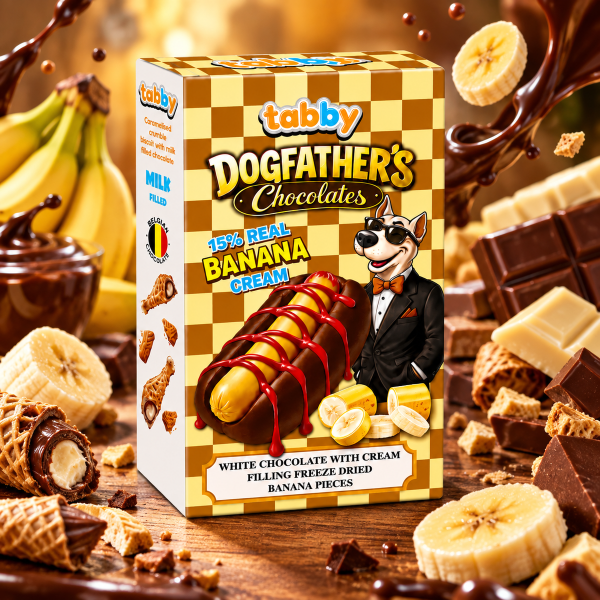 Tabby Dogfather’s Hotdog Banana – Tej- és fehér csokoládé banánkrémes töltelékkel 40 g
