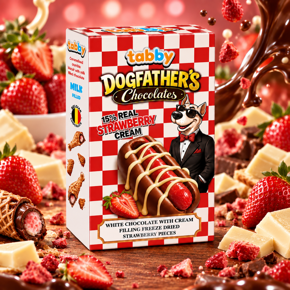 Tabby Dogfather’s Hotdog Strawberry – Eperkrémes tej- és fehér csokoládé 40 g
