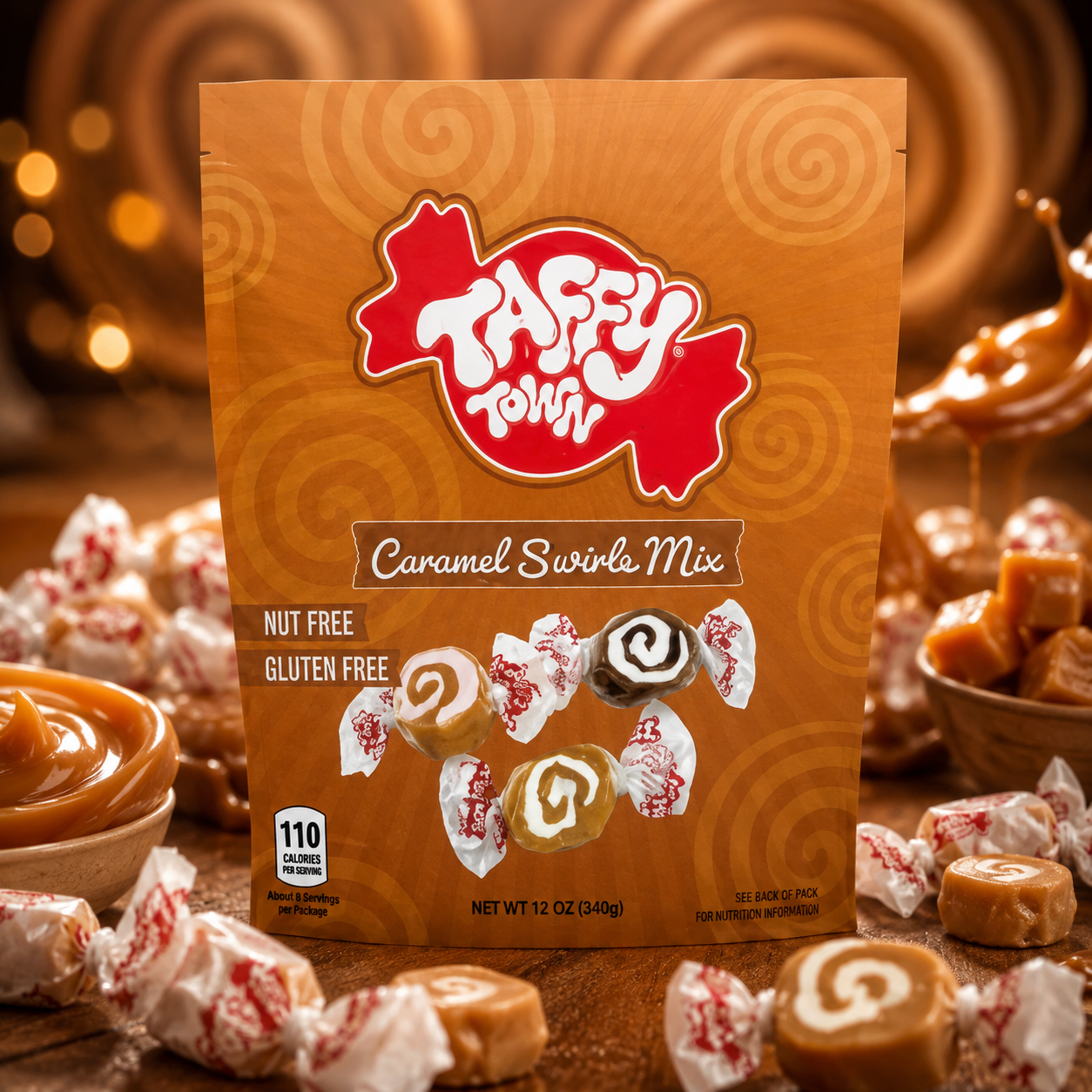 Taffy Town karamellas puha rágós cukorka mix 340 g – Caramel Swirls Salt Water Taffy Mix