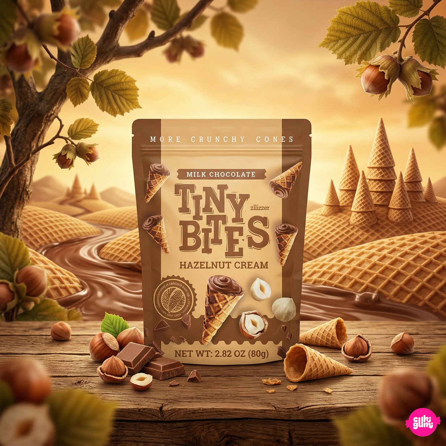 Tiny Bites Waffle Cones Hazelnut Cream 80 g – Mini Ostyatölcsérek Mogyorókrémmel