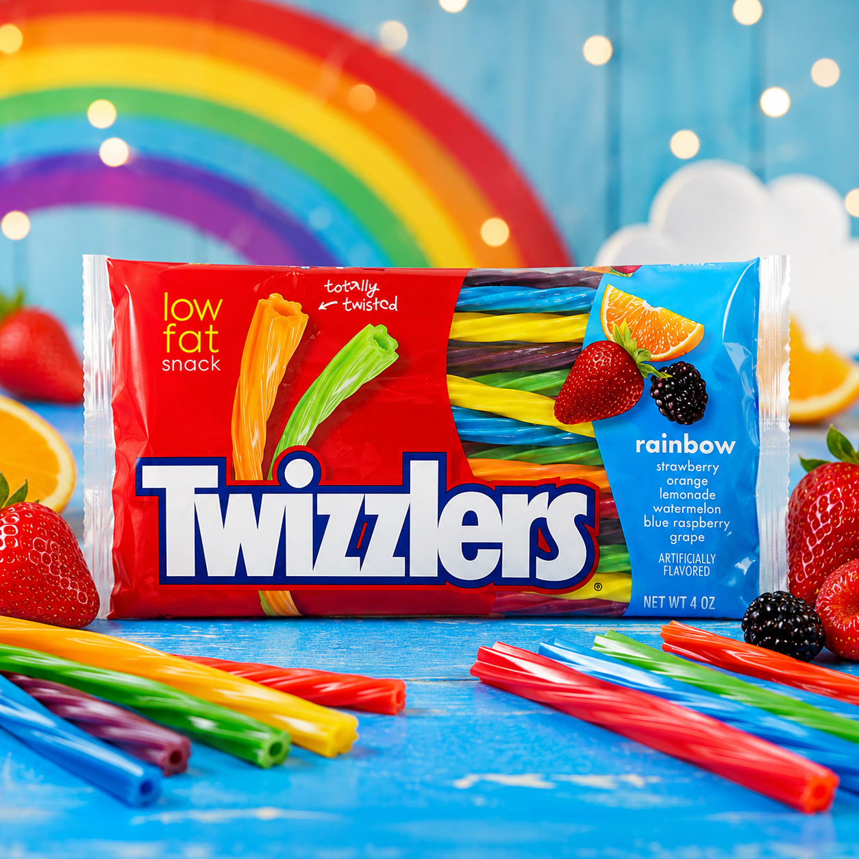 Twizzlers Rainbow szivárványos vegyes gyümölcsízű rágós cukorkaszálak 351 g – Rainbow Twists