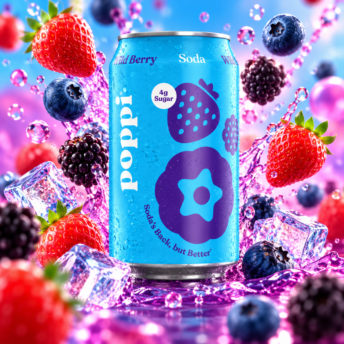 Poppi Wild Berry – Erdei gyümölcs ízű rostos szénsavas üdítő 330 ml