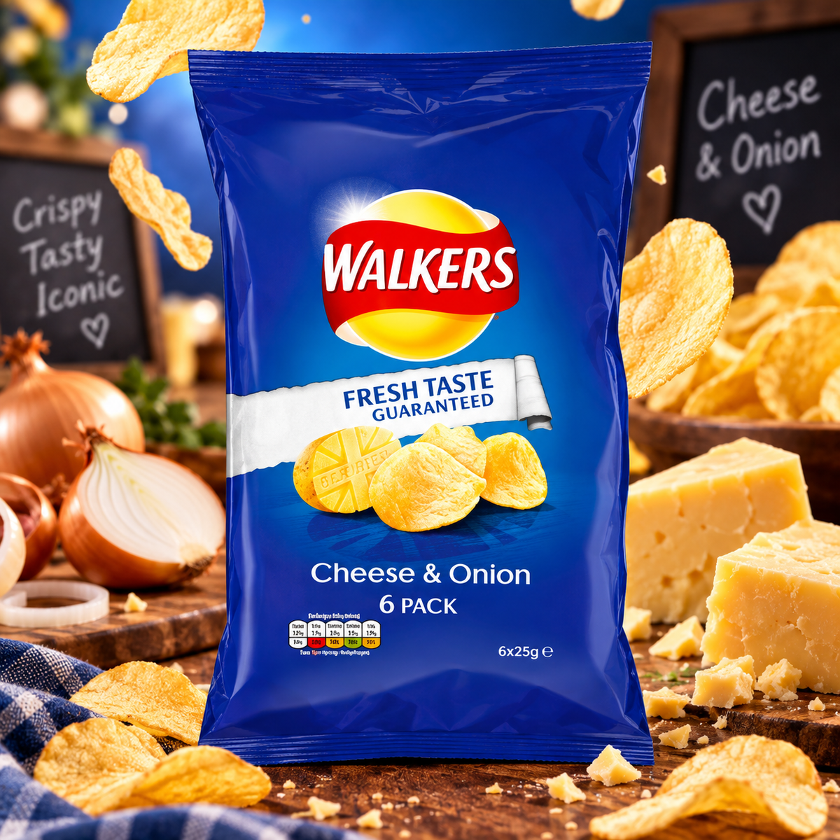 Walkers Cheese & Onion 6 Pack 150 g - Sajtos-hagymás burgonya chips 6 × 25 g
