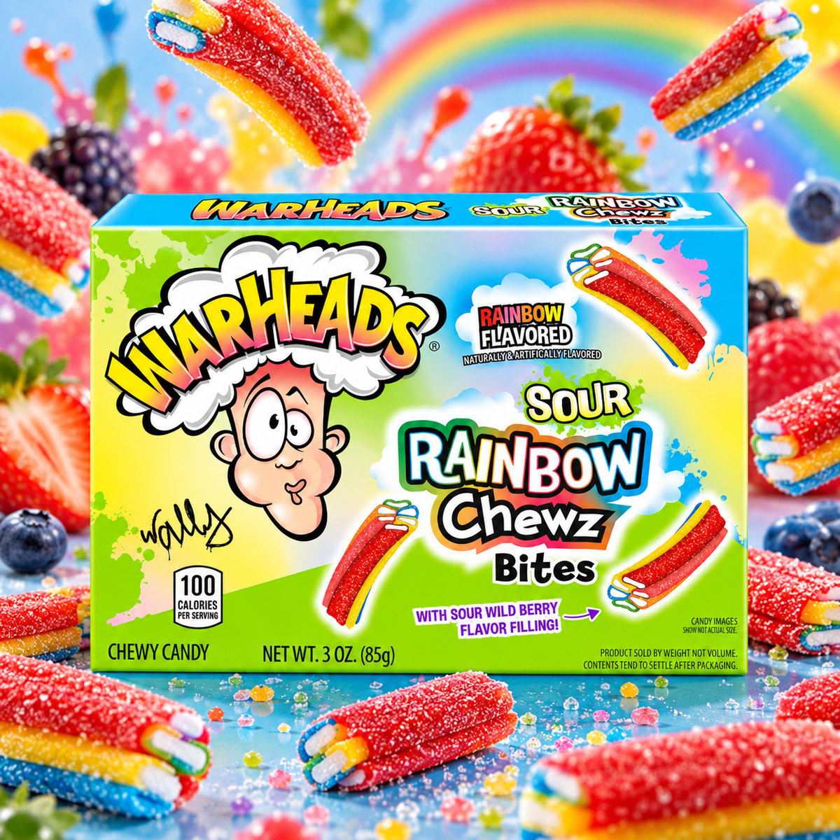 Warheads Rainbow Chewz Bites – Rainbow Punch ízű savanyú töltött rágós cukorka 85 g