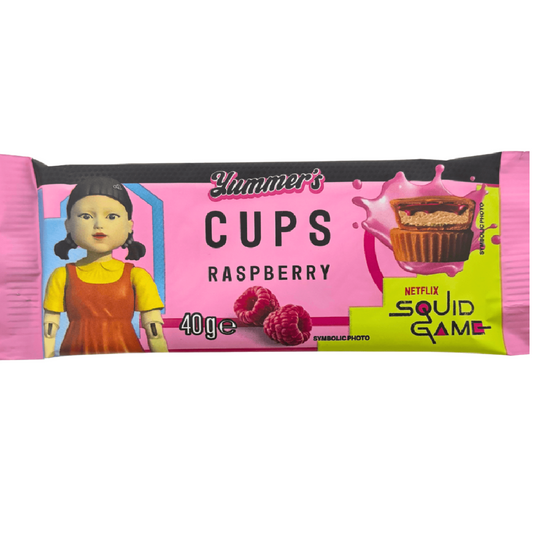 Yummers Squid Game Peanut Cream & Raspberry Cups – Mogyorókrémes és málnás mini pohárkrém 40g